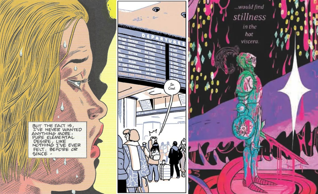 panels and panel details from Monica by D. Clowes, Roaming by J. + M. Tamaki, and A Guest in the House by E. Carroll